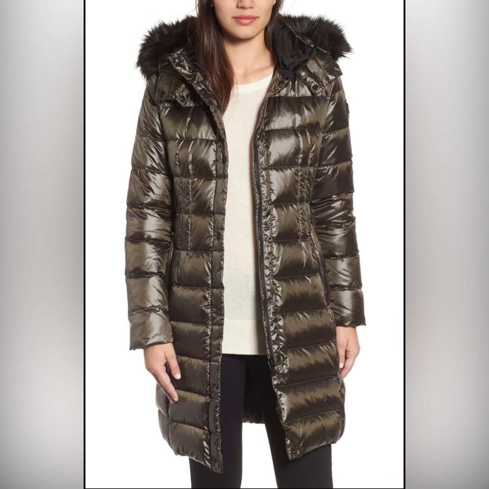 Donna Karan New York Puffer Coat Faux Fur Trimmed Hood Black, Large, Excellent!